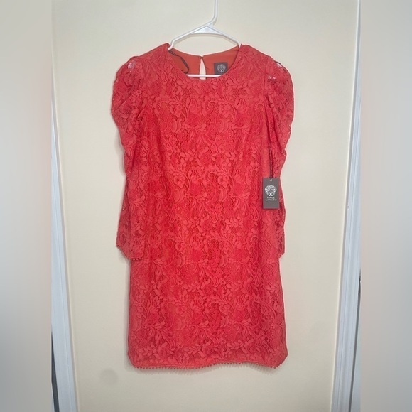 Vince Camuto Bright Coral Red Puff Sleeve MIDI Dress NWT - Picture 13 of 13